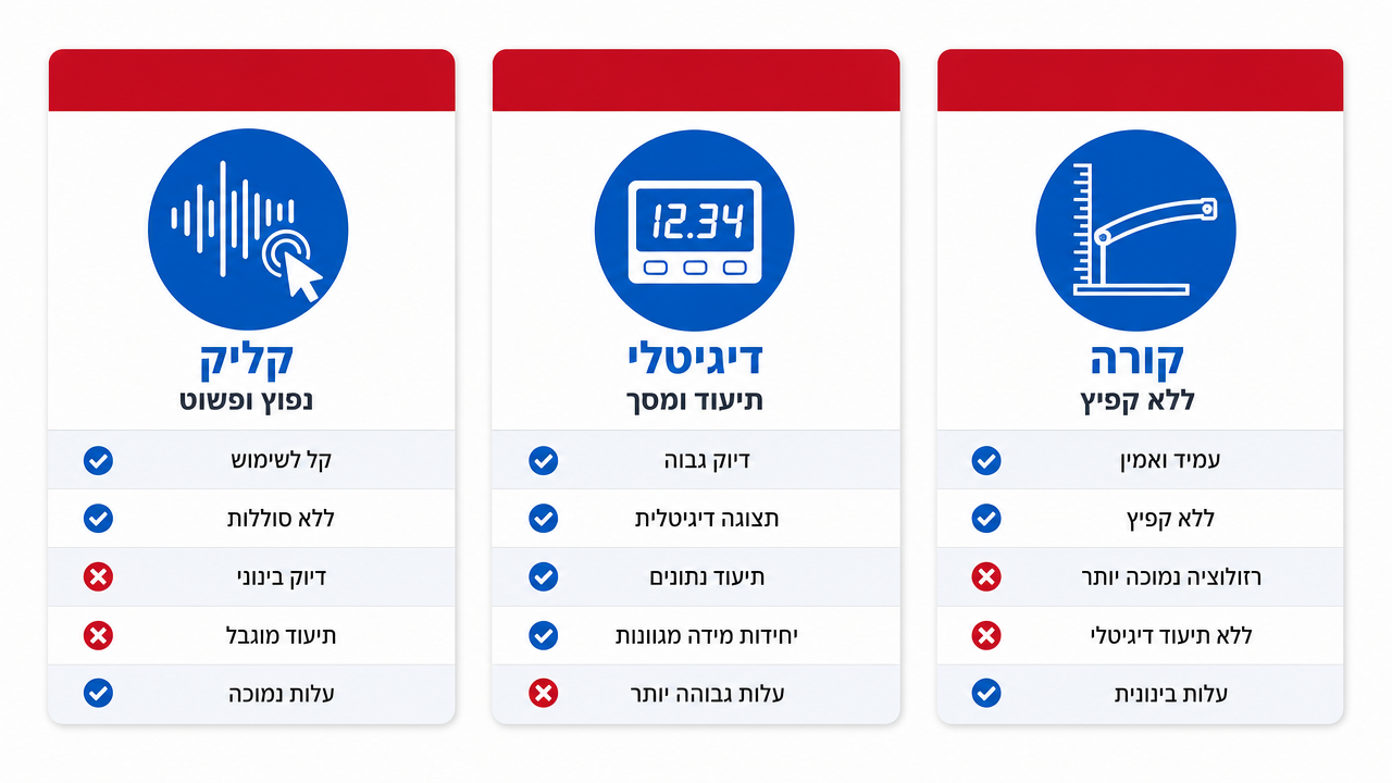 טבלת השוואה חזותית בין מפתח קליק, מפתח דיגיטלי ומפתח קורה
