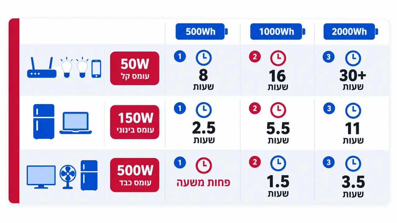 זמני עבודה משוערים של מערכות גיבוי לפי קיבולת ועומס